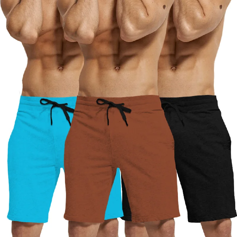 Men's drawstring casual linen shorts for a laid - back summer lookmens short-PACK OF 3-brown-black-skyblue