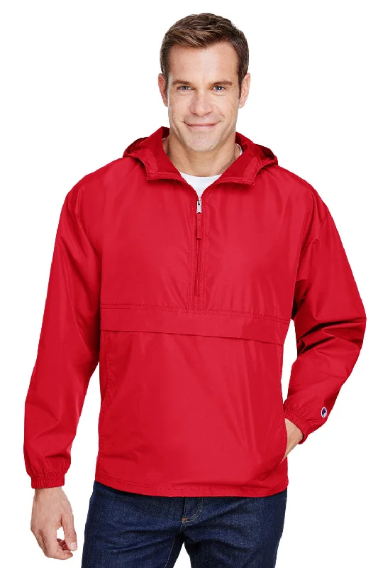 Lightweight men jackets made from recycled nylon for eco - friendly travelChampion Mens Packable Wind & Water Resistant Anorak 1/4 Zip Hooded Jacket - Scarlet Red