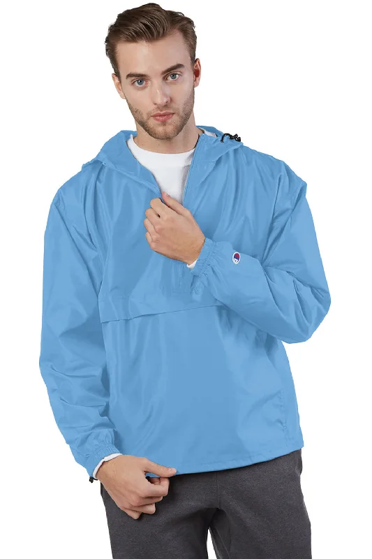 Waterproof men jackets with taped seams for heavy rain protectionChampion Mens Packable Wind & Water Resistant Anorak 1/4 Zip Hooded Jacket - Light Blue
