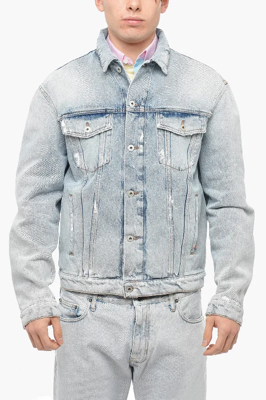 Men coats with a zip - out lining for easy cleaning and versatilityHeron Preston Distressed Denim Jacket with Logo Patch Men coats with a zip - out lining for easy cleaning and versatilityHeron Preston Distressed Denim Jacket with Logo Patch