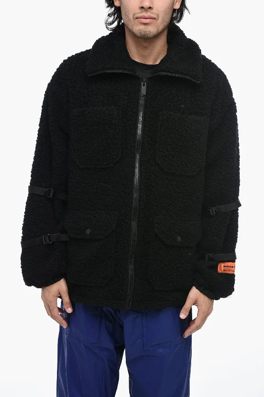 Men coats with a water - resistant finish for light rain and splashesHeron Preston Logoed POLAR FLEECE Jacket with Buckle Detailing Men coats with a water - resistant finish for light rain and splashesHeron Preston Logoed POLAR FLEECE Jacket with Buckle Detailing