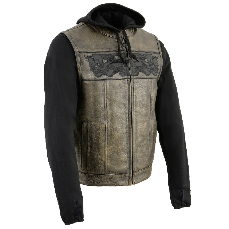 Men jackets with a hidden interior pocket for secure storageMilwaukee Leather MLM3561 Men's Leather Vest w/ Removeable Hoodie- Distress Brown Reflective Skulls Motorcycle Vest
