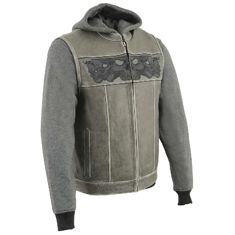Embroidered men jackets with intricate floral designs for a unique aestheticMilwaukee Leather MLM3562 Men's Leather Vest w/ Removeable Hoodie - Distress Grey Reflective Skulls Motorcycle Vest