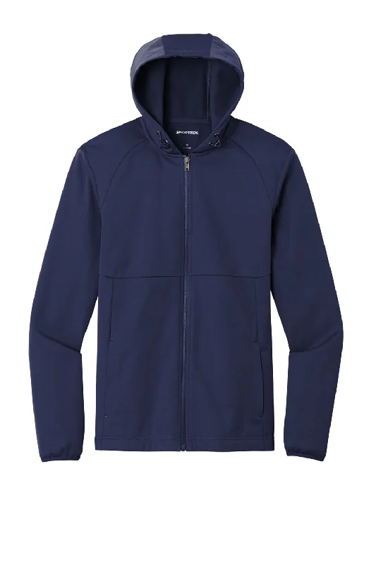 Men jackets with a built - in hood that can be stowed away when not in useSport-Tek Mens Wind & Water Resistant Full Zip Hooded Soft Shell Jacket - True Navy Blue