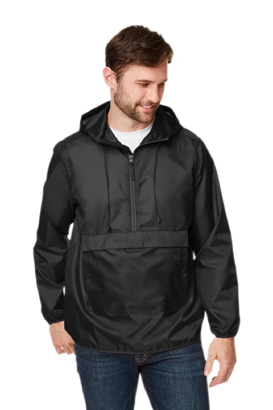 Checkered men jackets in a plaid pattern for a preppy appearanceTeam 365 Mens Zone Protect Water Resistant Hooded Packable Hooded 1/4 Zip Anorak Jacket - Black