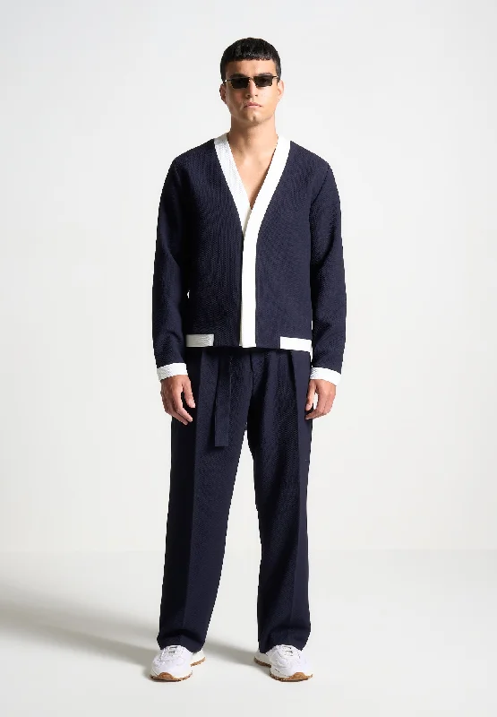 Embroidered men jackets with intricate floral designs for a unique aestheticTextured Contrast Cardigan - Navy/White
