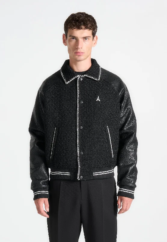 Men jackets with a built - in hood that can be stowed away when not in useTweed & Leather Varsity Jacket - Black