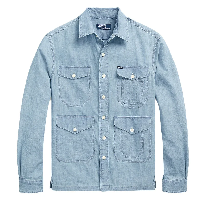 Men's stretchable athletic polo shirts for fitness workoutsPolo Ralph Lauren Indigo Chambray Utility Overshirt Light Indigo